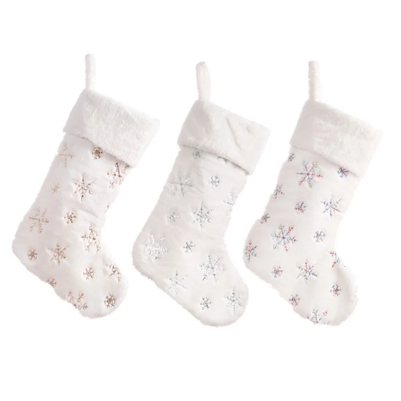 Snowflakes Embroidered White Plush Christmas Stockings Candy Socks Gifts Bag With Hanging Loops Xmas Tree Fireplace Decorations | Дом и сад