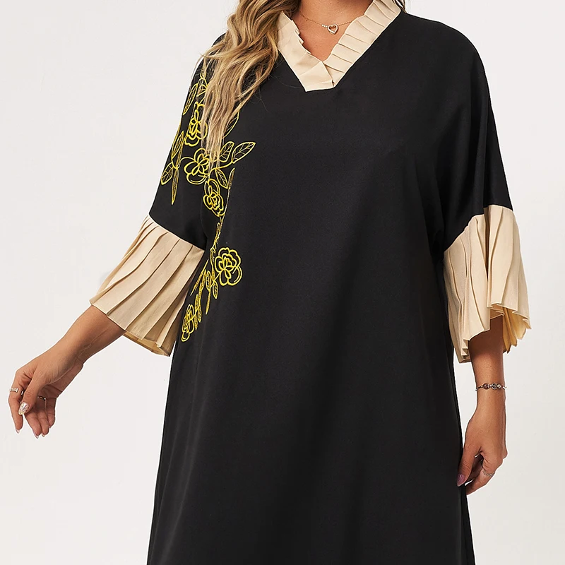 

New Summer Midi Dress Women Plus Size 2021 Black Loose Floral Embroidery Petal Collar Stitching 3/4 Sleeve Large Elegant Robes