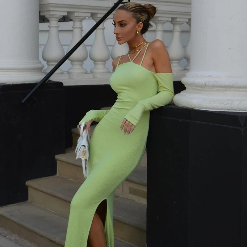 

Платье женское на бретелях с разрезом, с вырезом для большого пальца, с длинным рукавом, осень 2021