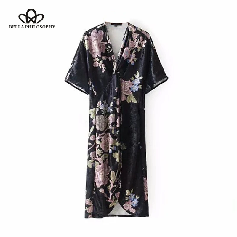 HStar 2020 new fashion vintage floral print dress V neck velvet short sleeve pencil split front black | Женская одежда
