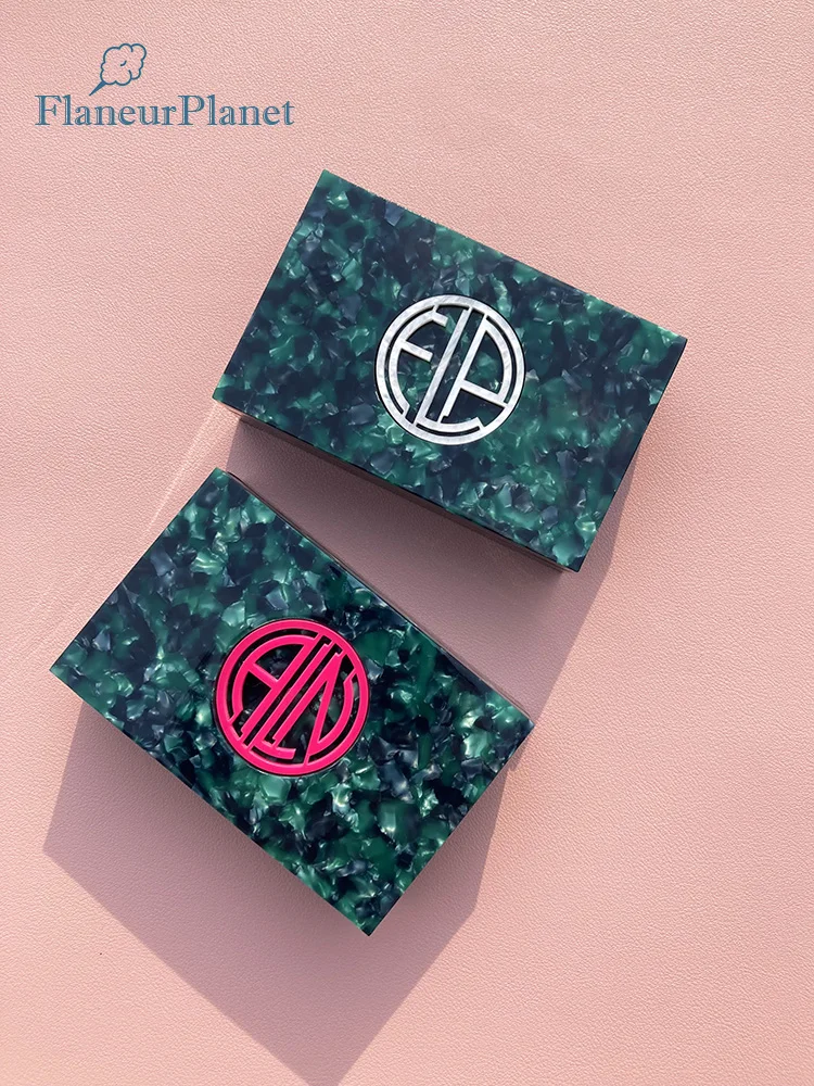 

FlaneurPlanet Rectangle Green Tortoise Acetate Trinket Box with Monogram Custom Keepsake Box
