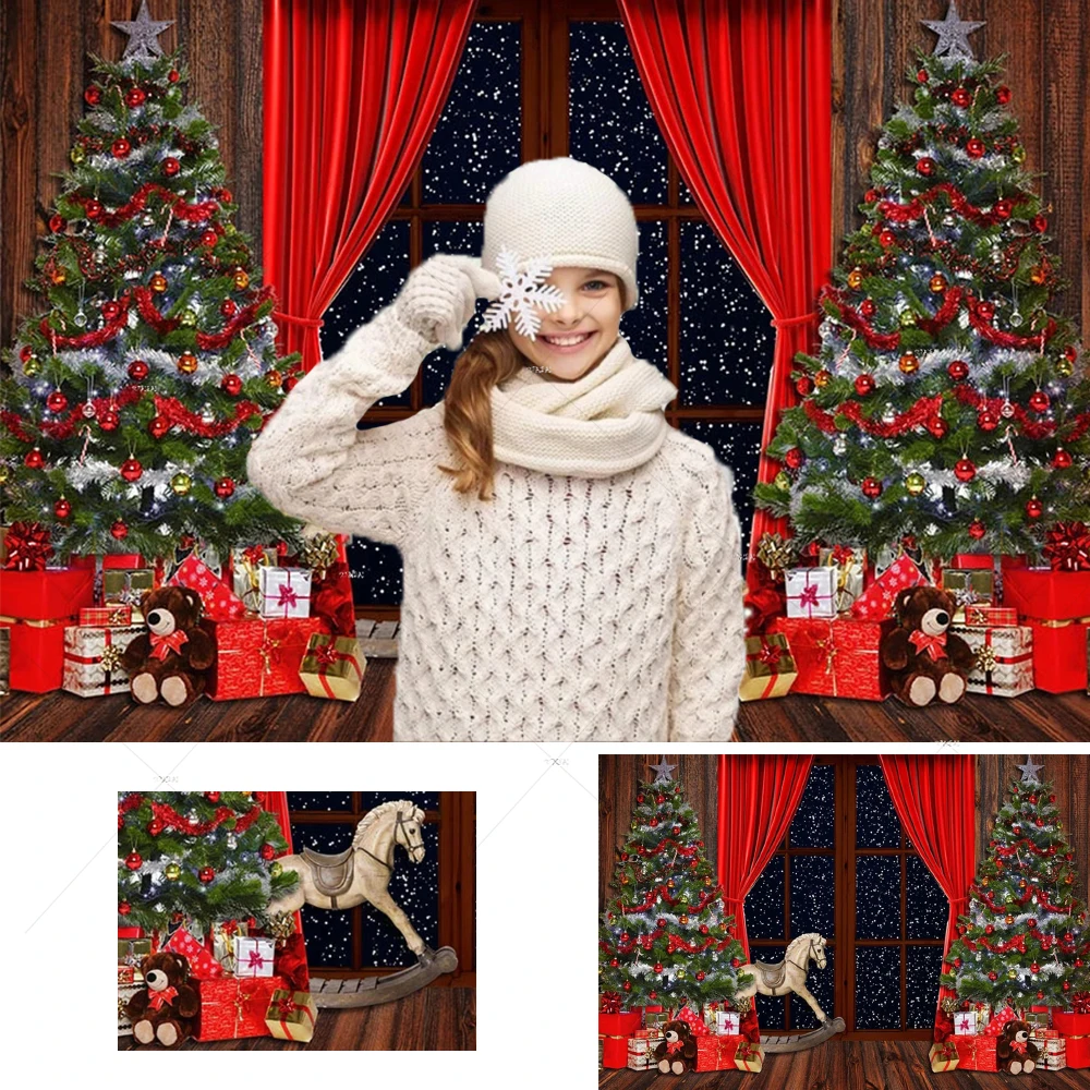 

2021 Christmas Photography Backdrop Winter Night Window Red Curtain Christmas Tree Gifts Bear Baby Shower Party Photo Background