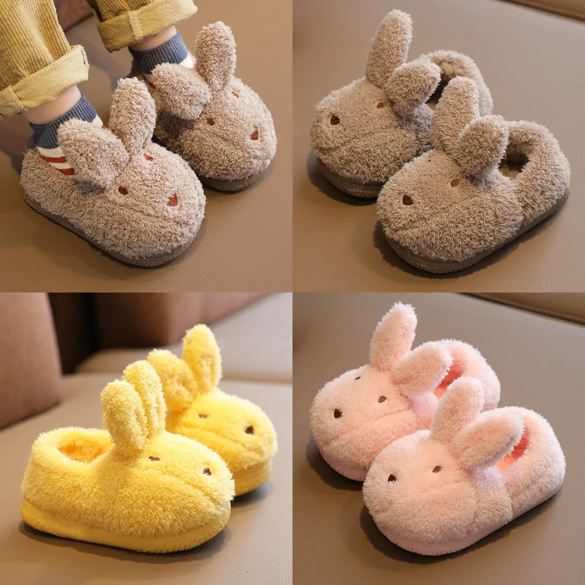 

Child Lovely Rabbit Cotton Slippers Anti Slip Shoes Plush Fluffy Fuzzy Footwear Boy Girl Crib Shoes Cute Prewalker Baby Slippers