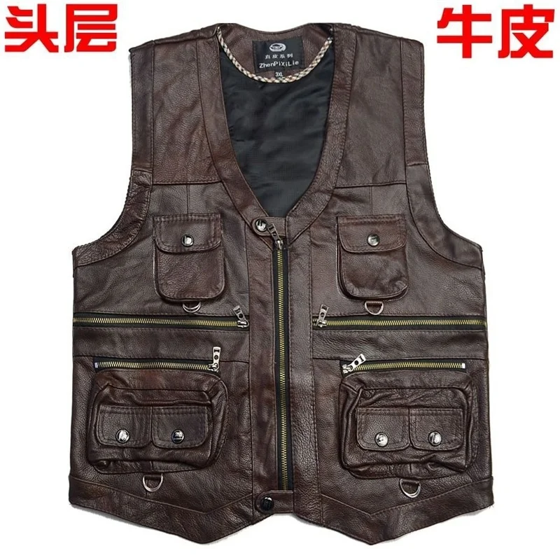 

Leather Vest spring and autumn V-neck men's head leather vest shoulder outdoor fishing shoulder spring and autumn Multi Pocket