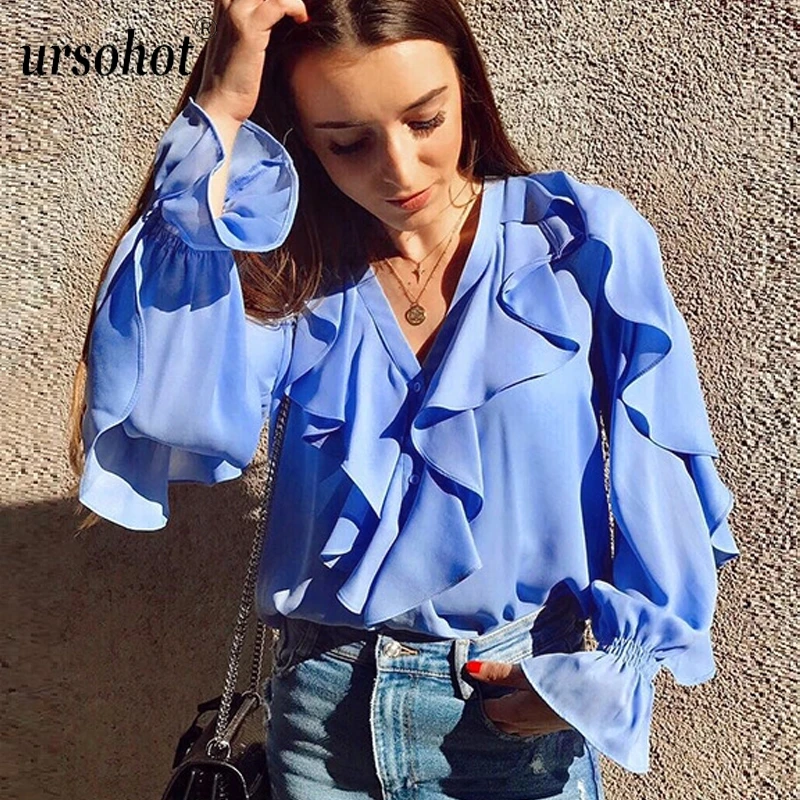 Ursohot/Летняя Сексуальная рубашка с рюшами Женская офисная блуза v-образным вырезом