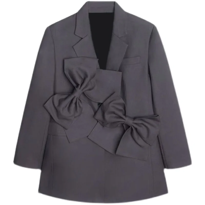 

DEAT Women Gray Patchwork Bow Single Breasted Blazer New Notched Long Sleeve Slim Fit Jacket Fashion Tide Summer 2021 7E128