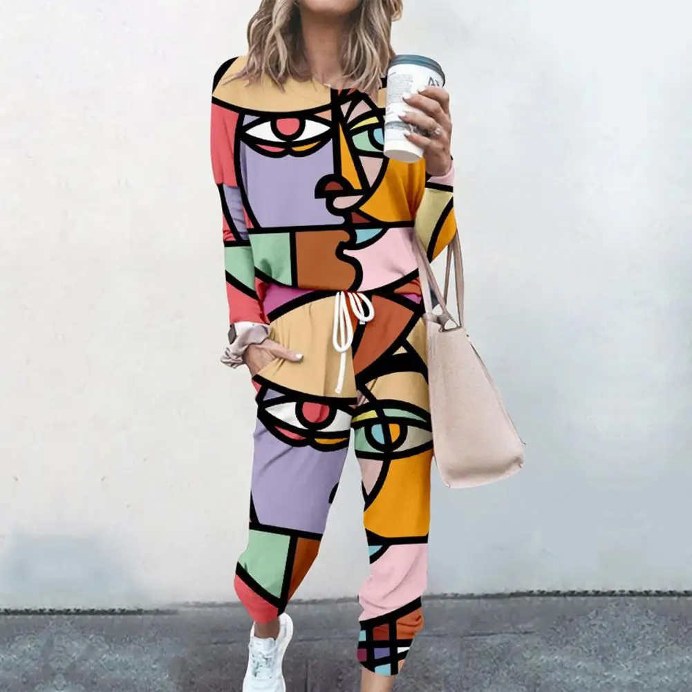

Fashion Pullovers Women Tracksuit Thin Stretchy Sport Suit O Neck Mid Waist Abstract Print Drawstring Sweat Suit for Home