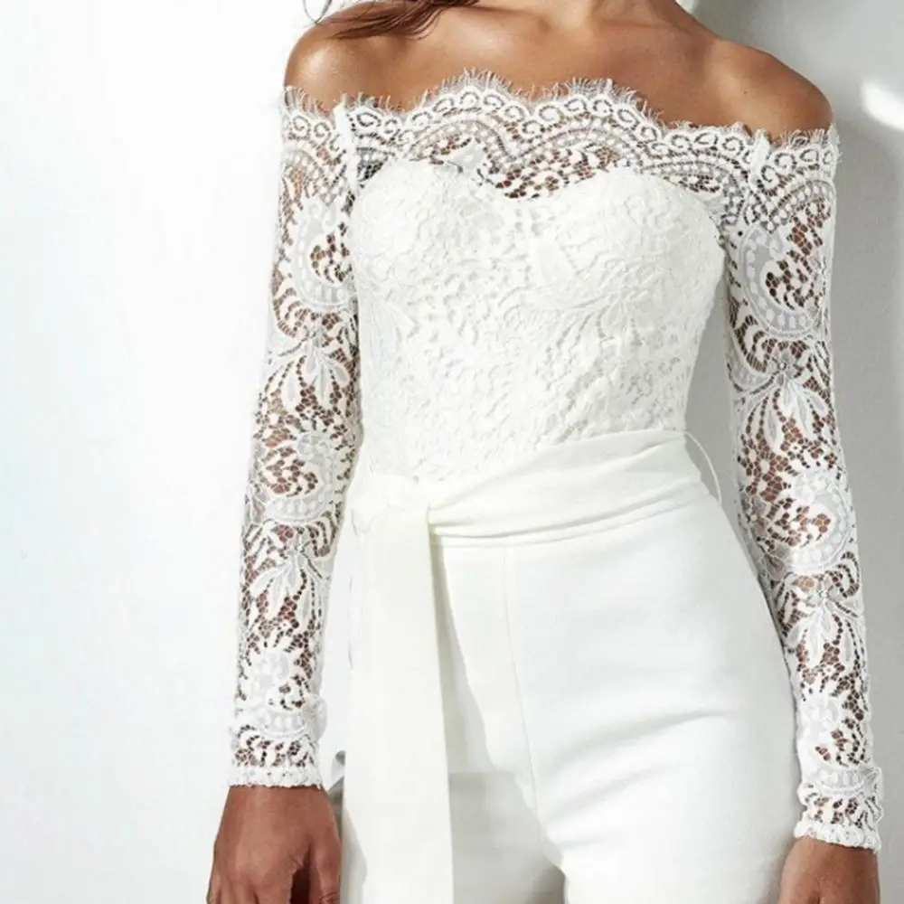 

Party Sexy Women Solid Color Off Shoulder Long Sleeve Bandage Lace Jumpsuit Bodysuit For Women Fashion Elegant Clothes