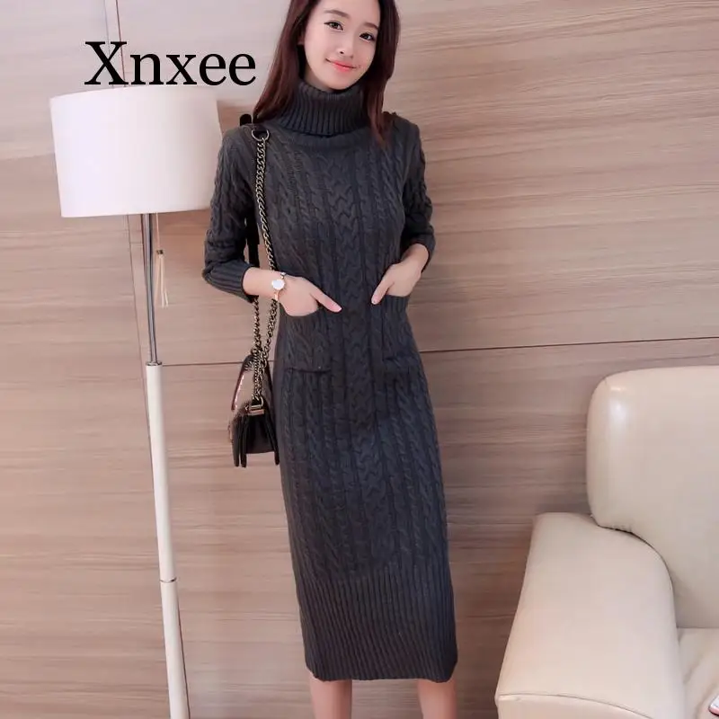 Женские зимние вязаные платья до середины икры европейская Водолазка с длинным
