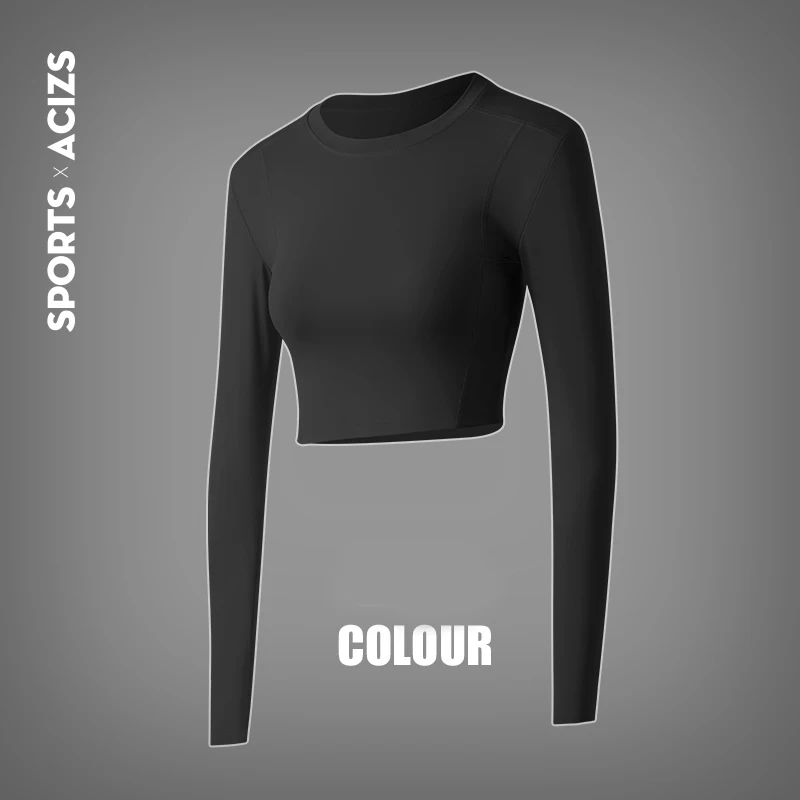 

New Women Long Sleeve Running Shirts Sexy Exposed Navel Yoga T-shirts Solid Sports Shirts Quick Dry Fitness Gym Crop Tops Sport