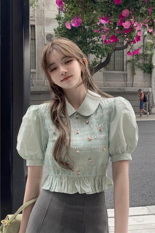 

2021 Summer Cute Doll Collar Short Sleeve Top Women's Flower Puff Sleeve Short Shirt Female Casual Plus Size Slim Blouses