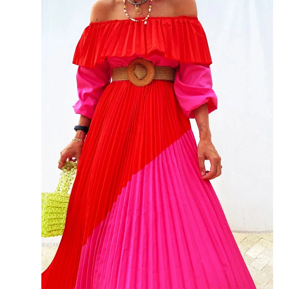 

Elegant Sexy Slash Neck Long Party Dress Women 2020 Summer Autumn Casual Plus Size Slim Ruffles High Waist Bandage Pleated Dress