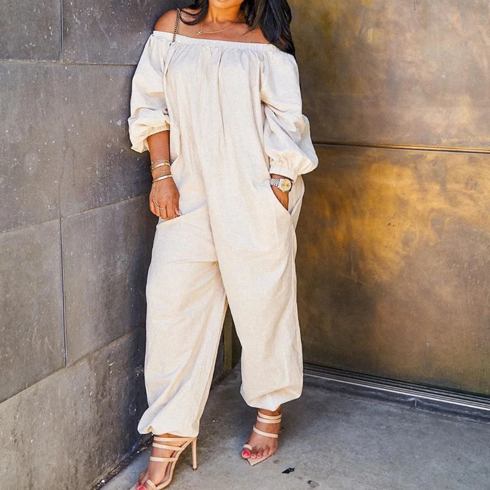 

Off Shoulder Jumpsuit Women 2021 Summer White Long Sleeve womens jumpsuits and rompers Casual Loose lady fashion Outfit Black
