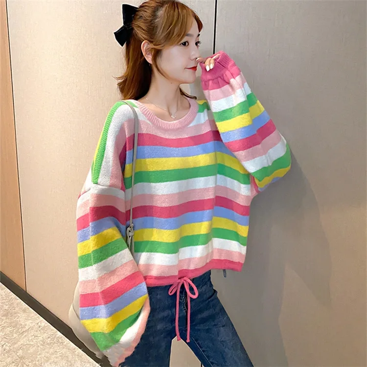 

Rainbow Striped Women's Sweater Popular Loose Round Neck Pullover Truien 2020 Autumn Winter Korean Truien Outer Wear JumpersL932