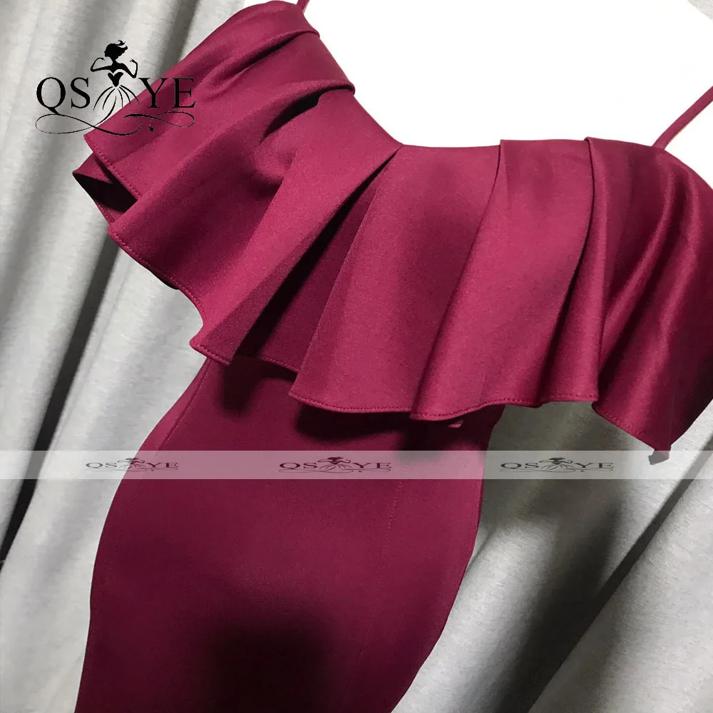 

QSYYE Burgundy Evening Dress Straps Mermaid Gown Ruffle Shoulder Elegant Party Dress Simple Elastic Formal Dresses Fitted