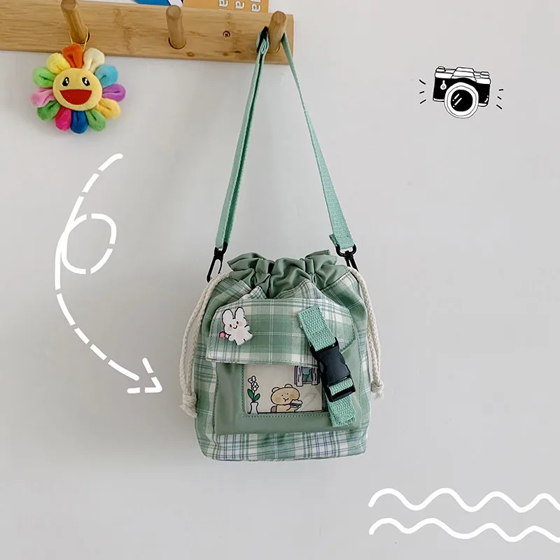 2021 New Children's Bag Japanese Cute Cartoon Lattice Shoulder Bag College Style Canvas Messenger Bag