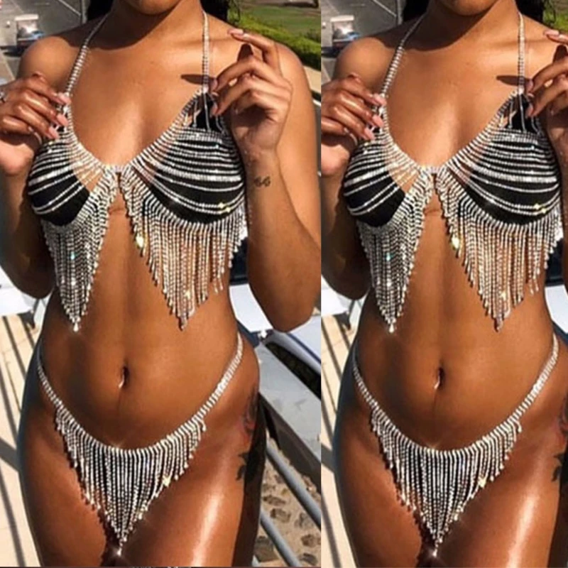 

Women Sexy Glitter Rhinestone Body Chain Bikini Set Shiny Faux Crystal Tassels Bra Panties Underwear Jewelry Lingerie