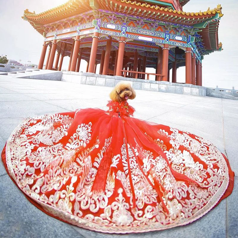 

Платье для собак, шикарное свадебное платье принцессы со шлейфом для маленьких собак, кружевная одежда ручной работы для щенков, чихуахуа, п...