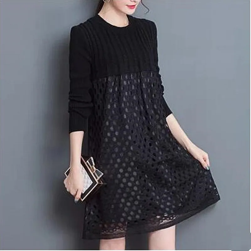 Платье Свитер размера плюс в европейском стиле Осень зима 2018 черное платье