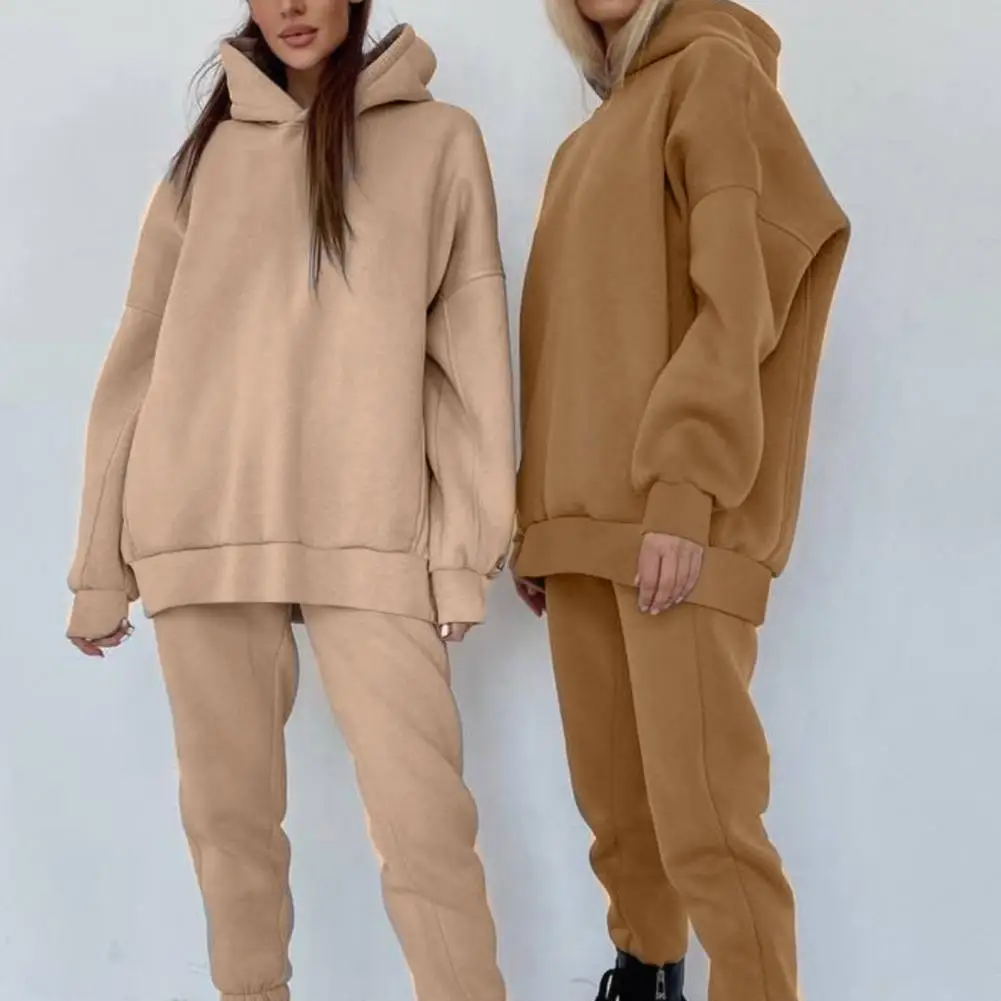 

Solid Color Hoodie Pants Suit Warm Casual Long Sleeve Hooded Women Suit for Winter