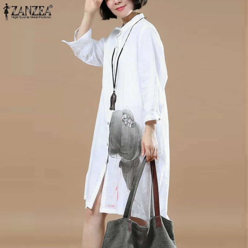 

Vintage Printed Long Sleeve Kaftan Women Bohemian Sundress Autumn ZANZEA Casual O Neck Button Shirt Dress Female Beach Vestidos