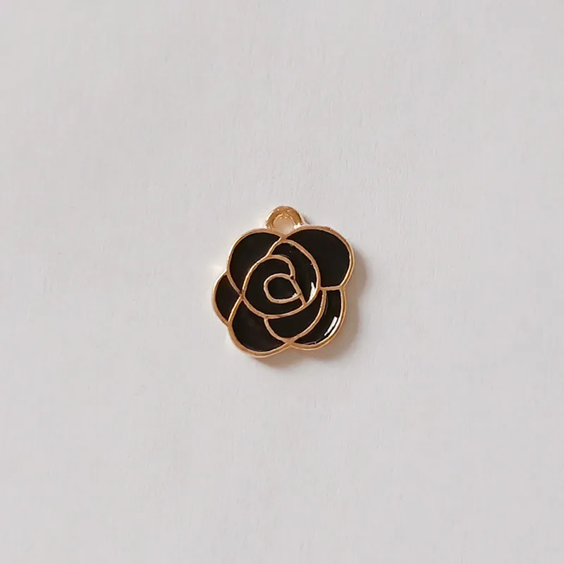 

50pcs 13*15mm Gold Color Enamel Black Rose Flower Charm for Clothing DIY Handmade Hairpin Fashion Jewelry Making