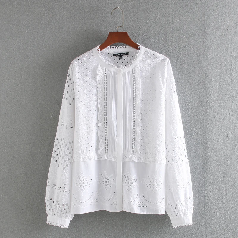 Chic Women White Shirt Blouse Summer 2020 New Fashion Long Sleeve Embroidery Hollow Out Female Loose Shirts | Женская одежда
