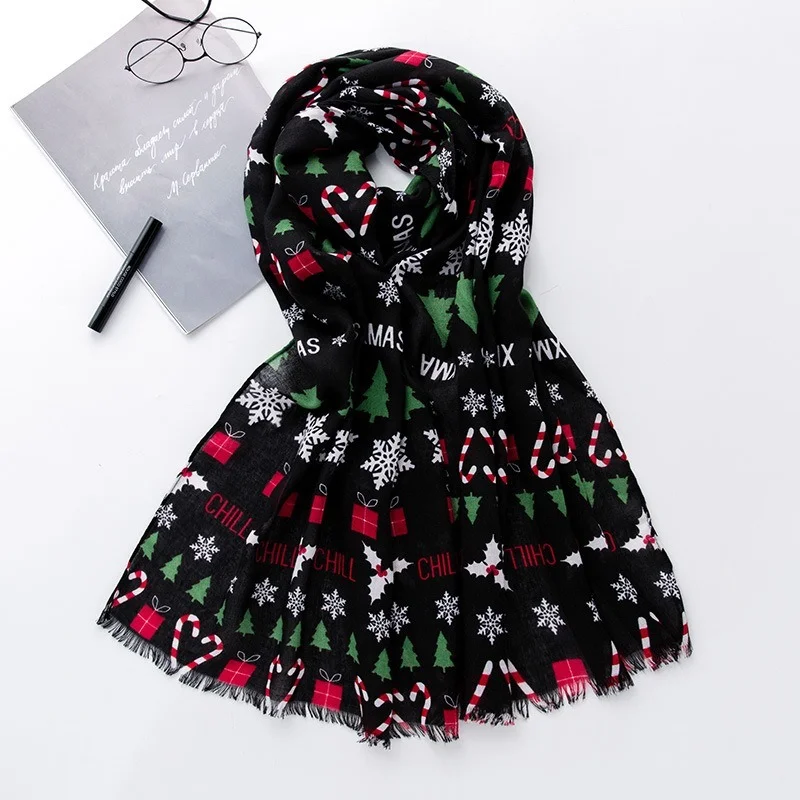

2021Christmas Scarf Women Snowflake Christmas Tree Print Scarves Winter Warm Shawl Designer Muffler Scarf Men Christmas Present