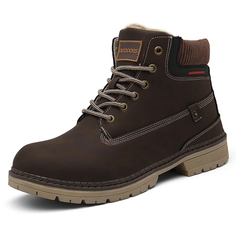 Dark Brown Men Snow Boots With Fur Winter Warm Outdoor Shoes Mens Sneakers Non-slip Rubber Ankle Boots Waterproof Botas De Hombre Warm Shoe - Цвет: Dark Brown
