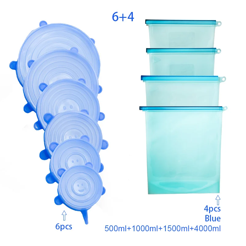 B blue 4 шт 500/1000/1500 мл/4000 мл многоразовые силиконовые Еда хранения Свежие Фрукты Мясо Чехлы для хранения молока Кухня аксессуары - Цвет: B blue