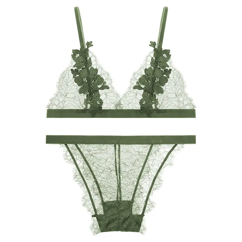 

2021 new French sexy transparent lace underwear no steel ring ultra-thin triangle cup black bra [Set]