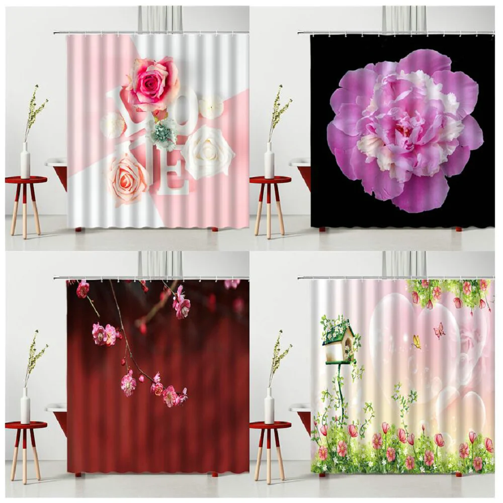 

Shower Curtains Cartoons Spring Pink Flowers Bathtub Decor Waterproof Polyester Fabric Bath Curtain Multiple Size
