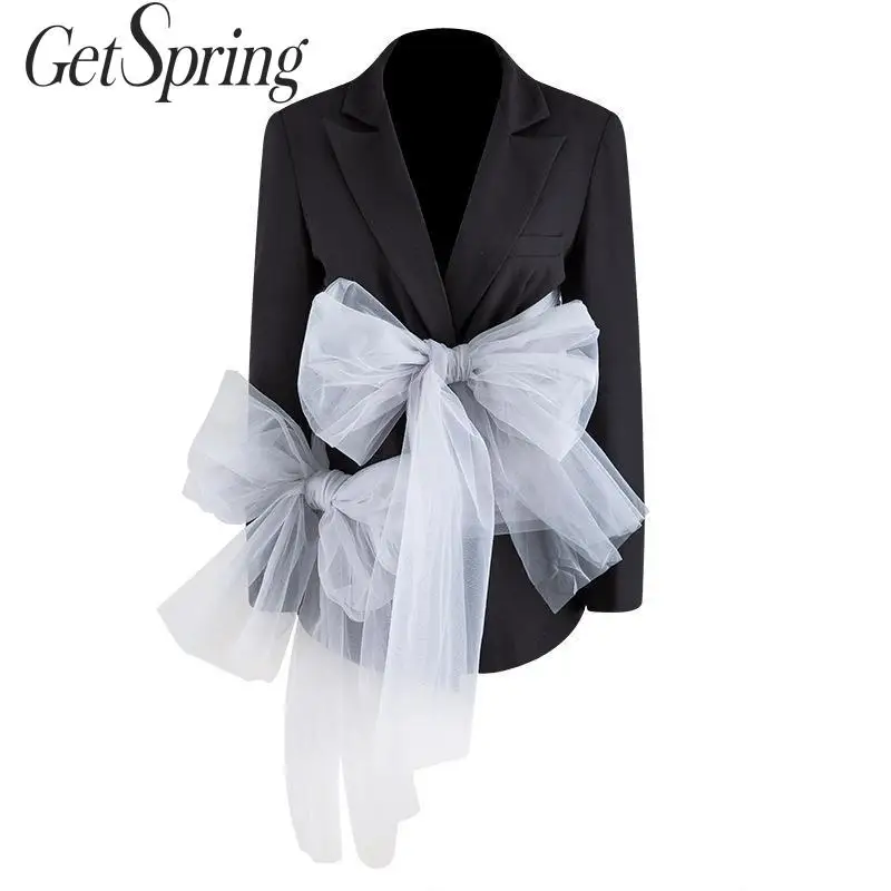 Женский приталенный Блейзер GetSpring черный сетчатый блейзер с поясом украшенный