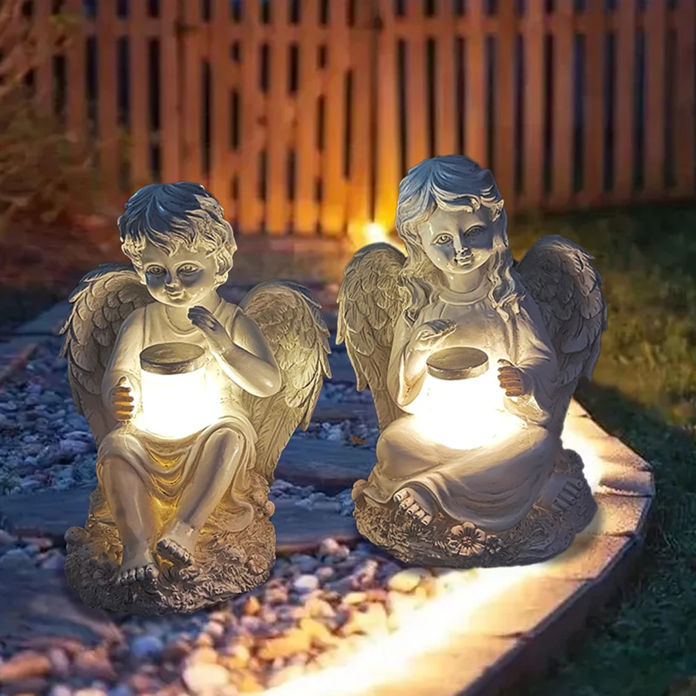 

Resin Angel Boy Figure Sculpture Solar Light Outdoor Night Lamp Yard Lawn Stakes Lamps Yard Art for Home Courtyard Decoration
