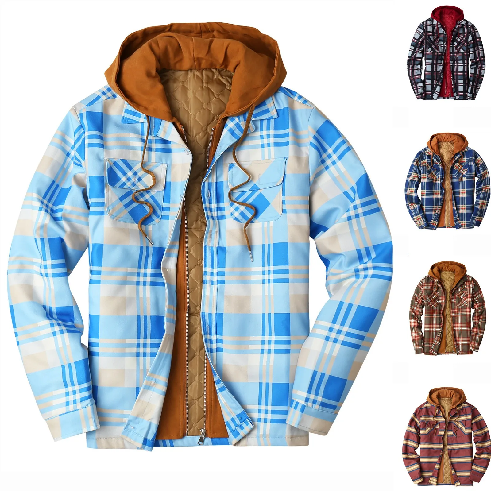 

Men's Autumn And Winter Plaid Lapel Pocket Hooded Padded Loose Shirt Top Jacket Bomber Male Winter Jacket Ski Coat Ropa Hombre