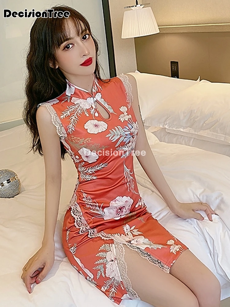 

2021 lady chinese style party prom dress satin mandarin collar short qipao sexy print flower cheongsam vestidos chinese dress