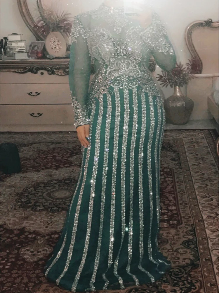 

MNGRL Dubai A-Line Luxury Evening Dress Muslim 2020 Vintage High Neck Long Sleeves Sequins Sparkle Prom Party Gowns