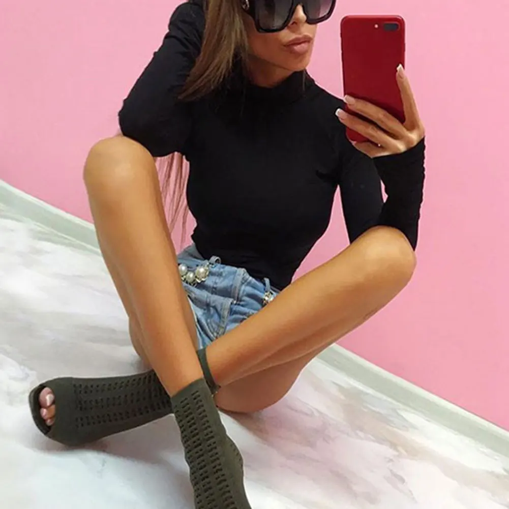 Недавно Для женщин с высоким воротом комбинезон длинным рукавом Тонкий свитер