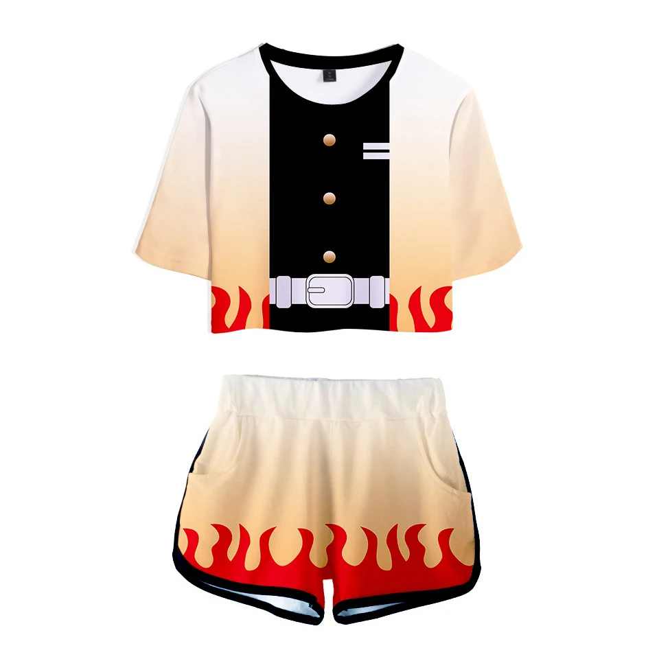 

Anime Kamado Tanjirou Nezuko Agatsuma Zenitsu Tomioka Giyuu Cosplay Costume Demon Slayer Women Girls Crop Top Shorts Set