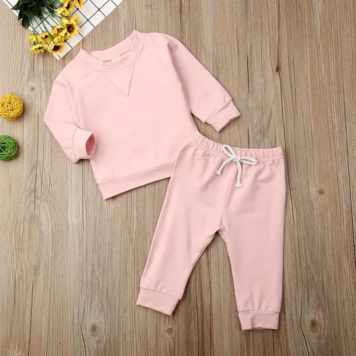 2PCS Newborn Baby Girl Boy Clothes Sets Unisex Tracksuit Outfits Set Solid Pullover Top+Pant |