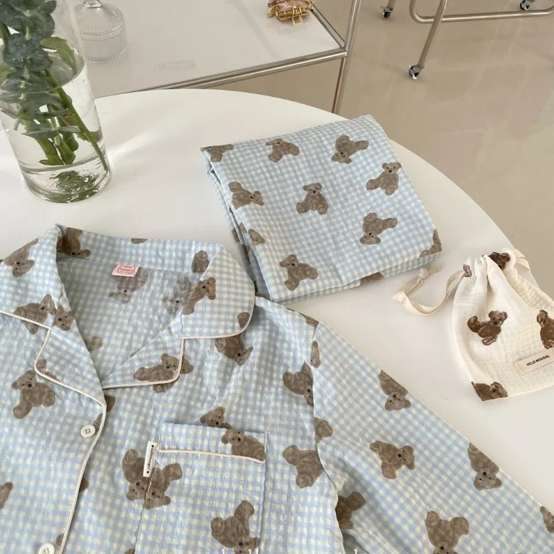 QWEEK Cotton Pajamas for Women Kawaii Bear Print Pijamas Autumn Sleepwear Korean Pyjamas Female Set 2 Piece Loungwear Homewear