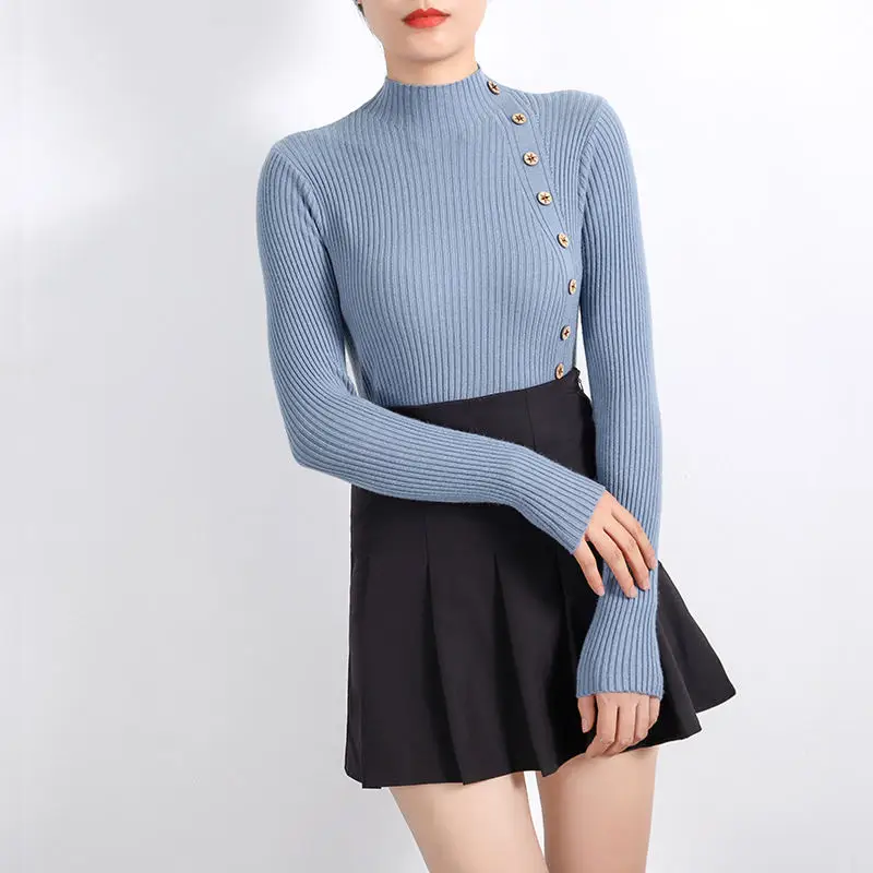 Autumn O-neck Sexy Slim Sweater Botton Desgin Knitted Pullover Women Casual Vintage Sweater Colthing Female Knit Tops
