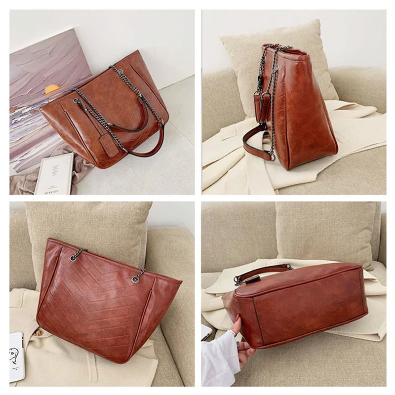 

Casual Women's Handbags Pu Leather Large Tote Bag Ladies Luxury Chains Women Shoulder Bag 2021 New Designer Handbag Purse Bags