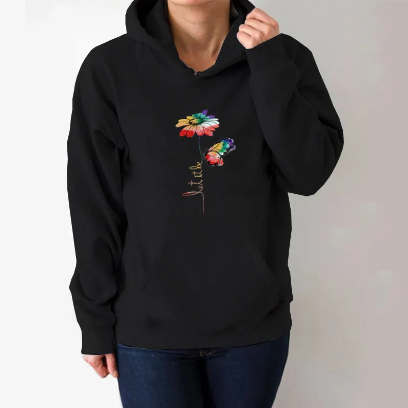 

Let It Be Flower Printed Hoodies Women Fleece Long Sleeve Loose Sweatshirt with Hat Girls Women Hoodie Pullovers Winter