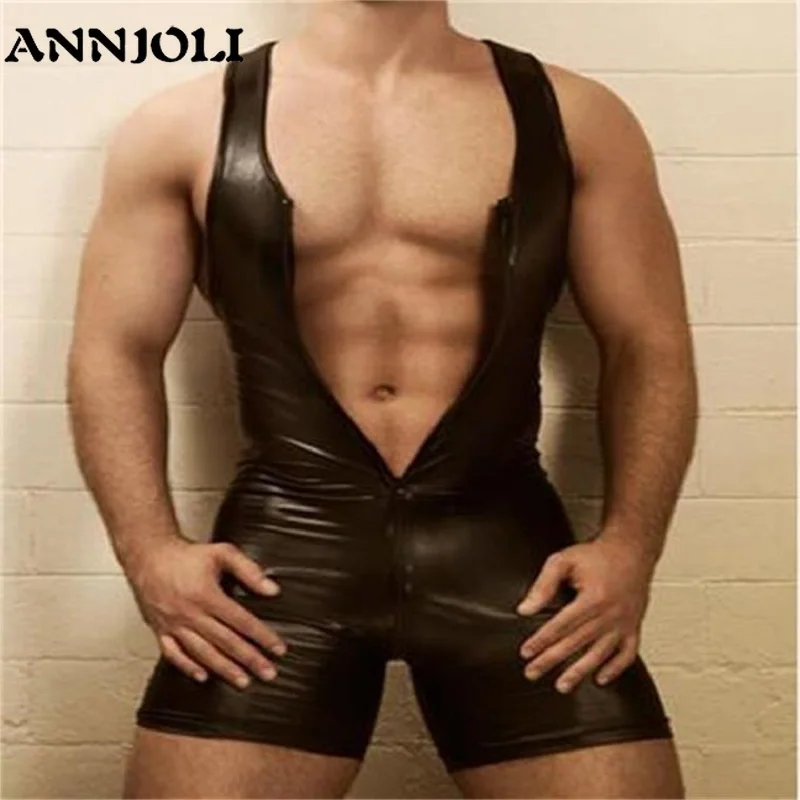 ANNJOLI Для мужчин Фетиш латексные Искусственная кожа боди с открытой промежностью