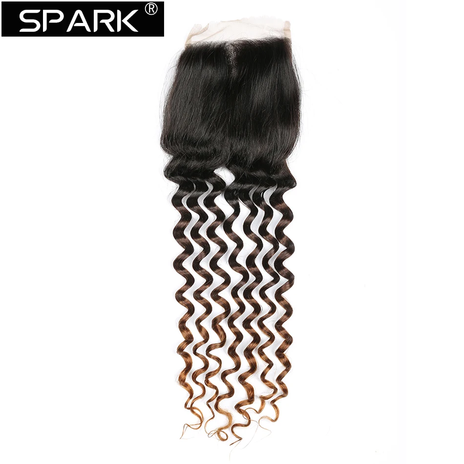 Spark Ombre Brazilian Deep Curly Human Hair Lace Closure 8-22inch 1B/30&1B/27 Color With 1B/4/30&1B/4/27 Remy Hair Extensions