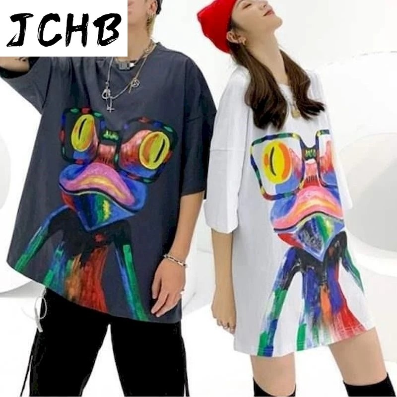 

2021 T-shirt Ins Tide Brand Hand-painted Oil Painting Graffiti Frog Printing National Oversize Loose Lovers Hip-hop Short-sleeve