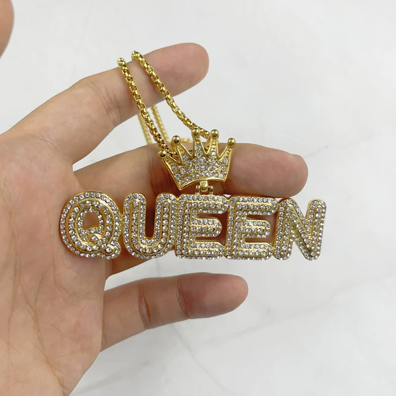 Female Letter Queen Pendant Necklaces with rhinestone Women Hip Hop Jewelry Statement Long Gold Silver color Ladies Gifts | Украшения и