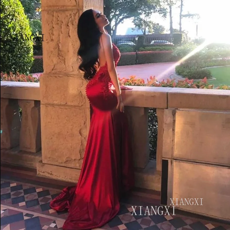 

2020 Sexy Mermaid Backless Straps Applique Red Prom Dress