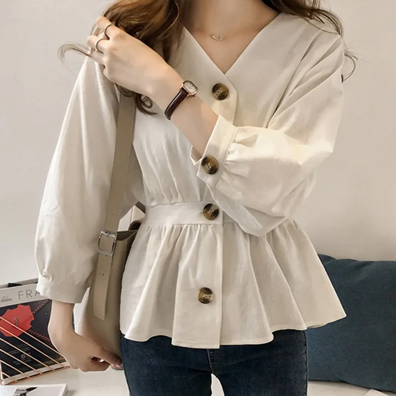 

Women's Casual V Neck Button Up Slim Ruffles Waist Long Sleeve Solid Blouse Batwing Sleeve Shirt Women Tops Female Autumn